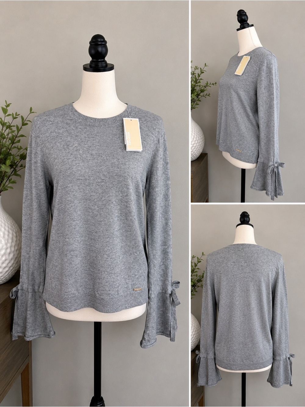 NWT Michael Kors Pearl Heather Bell Sleeve Sweater Gray Knit Top Medium